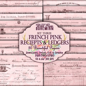 May include: A set of 20 printable French pink receipts and ledgers. The papers feature a vintage aesthetic with floral accents and handwritten text. The papers are perfect for crafting, scrapbooking, and journaling.