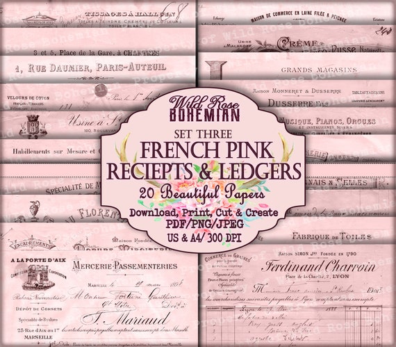 Pink French Receipt Ephemera: Vintage Printable Paper, vintage pink french reciept, scrapbooking reciept,  paper reciept, junk journal