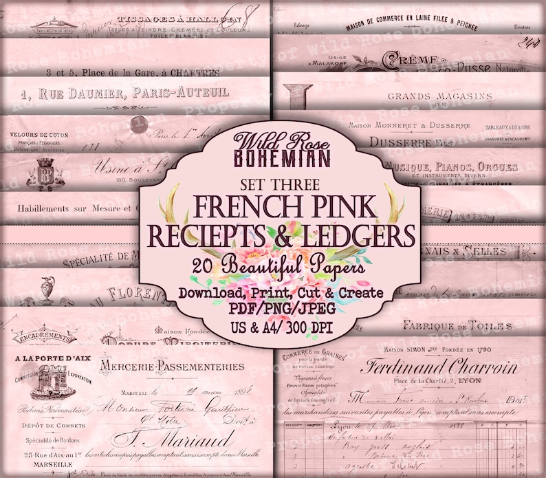 May include: A set of 20 printable French pink receipts and ledgers. The papers feature a vintage aesthetic with floral accents and handwritten text. The papers are perfect for crafting, scrapbooking, and journaling.