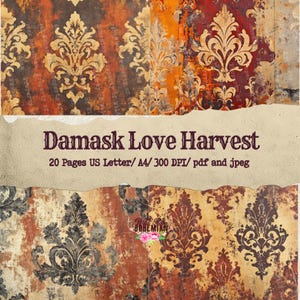 May include: Digital paper pack featuring a distressed damask pattern in shades of gold, brown, and orange. The text "Damask Love Harvest" is displayed on a torn paper banner, along with details about the file format.