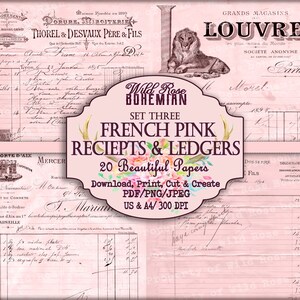 May include: A set of 20 printable French pink receipts and ledgers. The papers feature a vintage aesthetic with handwritten text and decorative elements. The papers are perfect for crafting, scrapbooking, and journaling.