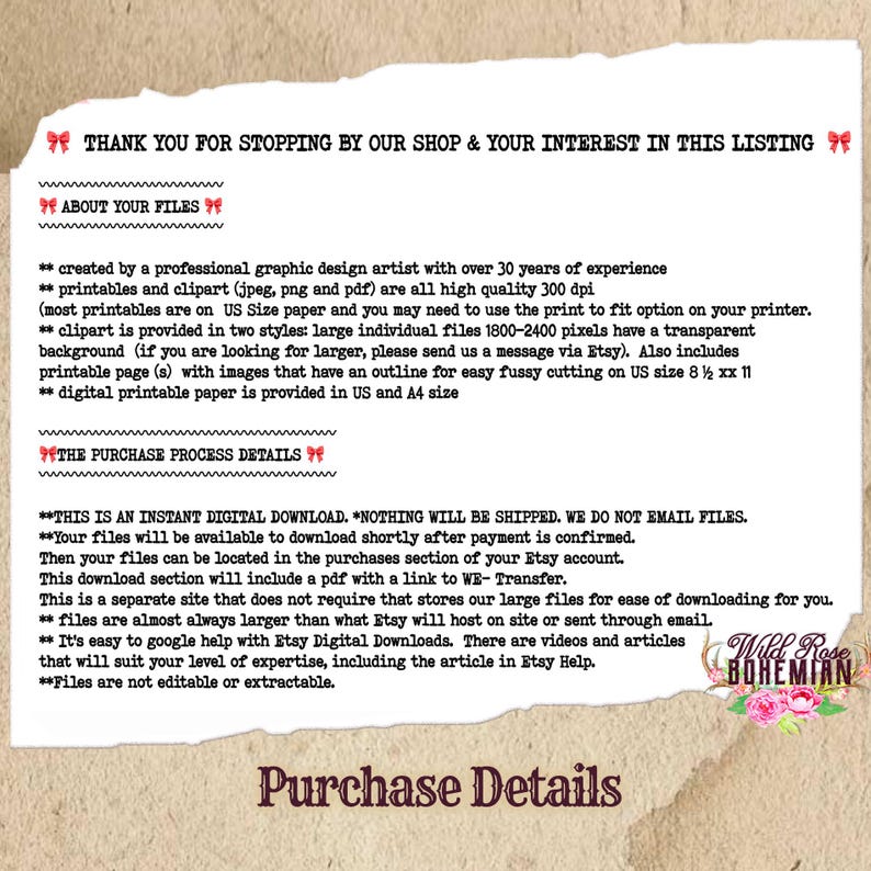 May include: A digital download information sheet with the text "Thank you for stopping by our shop & your interest in this listing" and "About your files". The sheet also includes information about the purchase process and details about the files included in the download.