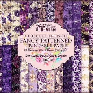 French Patterned Vintage Paper Purple Seamless 12x12 Paper, purple floral damask pattern paper, rococo patterns, baroque pattern scrapbook