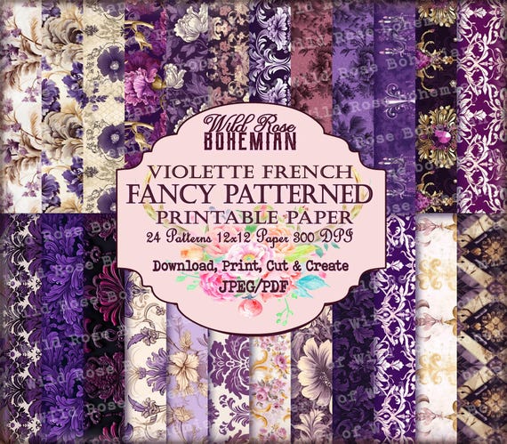 French Patterned Vintage Paper Purple Seamless 12x12 Paper, purple floral damask pattern paper, rococo patterns, baroque pattern scrapbook