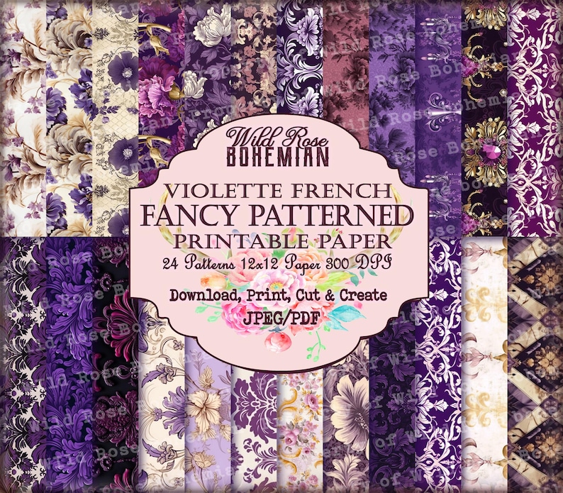 French Patterned Vintage Paper Purple Seamless 12x12 Paper, purple floral damask pattern paper, rococo patterns, baroque pattern scrapbook image 1