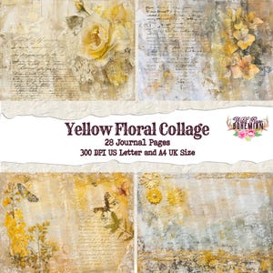 Yellow Floral Collage Junk Journal Paper | Junk Journal Kit | Printable Journal Pages | Digital Paper Ephemera | Distressed Collage Bohemian