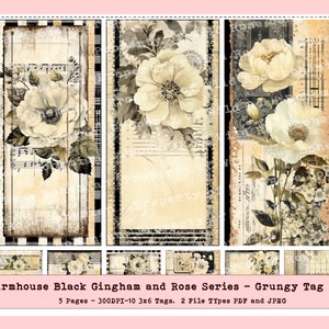 Farmhouse Black Gingham and Rose Hang Tags Cards, Farmhouse Printable Quotes, Farmhouse Ephemera, Printable Farmhouse Journal Cards, Farm