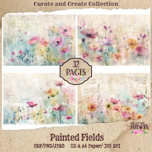 Wildflower Fields Digital Paper Pack | 28 A4 & US Letter Vintage Floral Papers | High-Resolution Printable Scrapbook and Junk Journal Pages