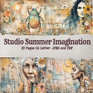 Pode incluir: Uma colagem com um grande besouro, arranjos florais e retratos de mulheres. O texto "Studio Summer Imagination" é exibido acima dos detalhes "20 Pages US Letter JPEG and PDF". A obra de arte tem uma estética vintage e boêmia.