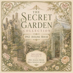 Può includere: Una stampa d'arte quadrata intitolata The Secret Garden Collection 1912 Aveline House. L'immagine mostra un maniero in pietra, una serra in vetro e un cancello in ferro battuto circondati da fiori, incorniciati da un bordo decorato color crema.
