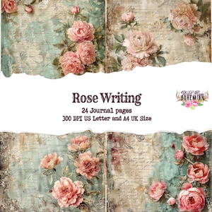 Rose Writing Junk Journal Paper | Printable | Digital Paper Ephemera | Distressed Collage Bohemian | Floral Mixed Media Collage