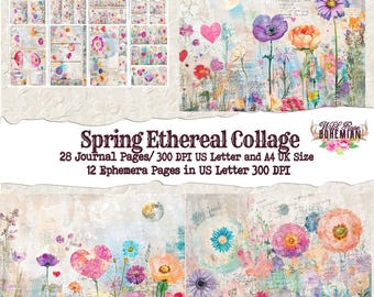 May include: A digital collage featuring floral designs and journal pages. The artwork includes various flowers in shades of pink, purple, orange, and blue. The text reads "Spring Ethereal Collage" and details about the pages.