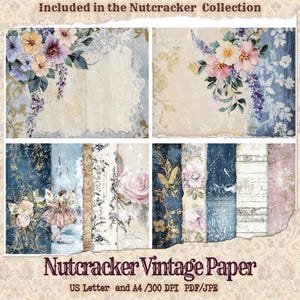 May include: A set of digital papers featuring vintage designs with floral patterns, gold accents, and a fairy illustration. The papers are in US Letter and A4 sizes, 300 DPI, and available in PDF and JPEG formats. The text "Nutcracker Vintage Paper" is included in the image.