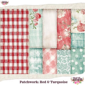 Pode incluir: Um design de colcha de retalhos com cores vermelho e turquesa. A colcha &eacute; feita de diferentes tecidos, incluindo xadrez, floral e renda. O texto "Patchwork: Red & Turquoise" &eacute; impresso na parte inferior da imagem.