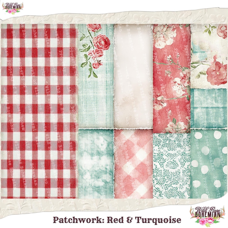 Pode incluir: Um design de colcha de retalhos com cores vermelho e turquesa. A colcha &eacute; feita de diferentes tecidos, incluindo xadrez, floral e renda. O texto "Patchwork: Red & Turquoise" &eacute; impresso na parte inferior da imagem.