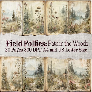 May include: A series of watercolour illustrations of woodland scenes, featuring trees, flowers, and pathways. The text "Field Follies: Path in the Woods" is displayed on a textured banner. The set includes 20 pages, A4 and US Letter size.