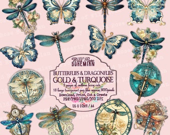 Art Nouveau Butterfly & Dragonfly Clipart: Turquoise, Gold (PNG, PDF), ransaprent dragonfly fussy cuts, scrapbooking fussy cuts, mixed media