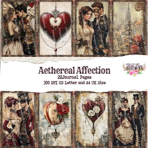 May include: A set of 22 digital journal pages featuring a steampunk aesthetic with images of airships, hearts, and couples in vintage clothing. The pages are 300 DPI and sized for US Letter and A4 paper.