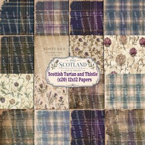 Pode incluir: Uma coleção de vinte papéis digitais de 30,5x30,5 cm com padrões de tartan escocês e desenhos florais de cardo em tons suaves de azul, roxo, castanho e creme. A etiqueta central diz 1912 SCOTLAND COLLECTION CUT & CREATE Scottish Tartan and Thistle (x20) 12x12 Papers.
