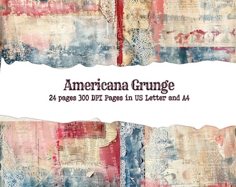May include: A digital collage with a vintage Americana theme. The design features torn paper textures, lace, and paint splatters in red, white, and blue. The text "Americana Grunge" and page details are included.
