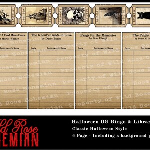 May include: Six vintage-style Halloween bingo cards with a brown paper background and black lines. Each card has a different Halloween-themed image and title. The titles are "Zombie Shuffles A Dead Man's Dance", "The Ghoul's Guide to Love", "Fangs for the Memories", "The Fright Club", and "Wild Rose Bohemian".