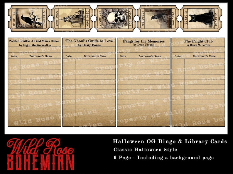 May include: Six vintage-style Halloween bingo cards with a brown paper background and black lines. Each card has a different Halloween-themed image and title. The titles are "Zombie Shuffles A Dead Man's Dance", "The Ghoul's Guide to Love", "Fangs for the Memories", "The Fright Club", and "Wild Rose Bohemian".