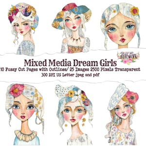 Collaged Art Boho Paper Dolls, Mixed Media Boho Girls Printable, Printable Sublimation Mixed Media, Printable Digital Doll Transparent PNGS