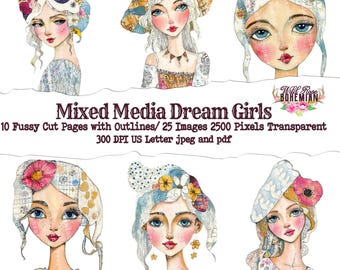 Boho Paper Dolls: Mixed Media Girls Art (Digital PNG)