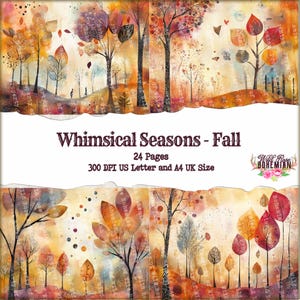 May include: Whimsical Seasons - Fall digital paper pack with 24 pages of autumn-themed illustrations. The illustrations feature stylized trees with colorful leaves in shades of orange, red, yellow, and blue. The background is a watercolor wash in shades of brown, yellow, and orange.