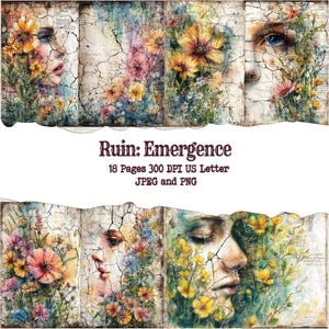 Puede incluir: Impresión de arte digital titulada "Ruin: Emergence" que presenta un collage de elementos florales y faciales. La obra de arte muestra un fondo agrietado y texturizado con flores vibrantes en tonos amarillos, rosas y morados. El texto de la imagen indica 18 páginas, 300 DPI, tamaño US Letter y formatos JPEG y PNG.
