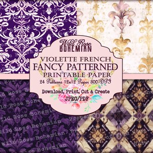 French Patterned Vintage Paper Purple Seamless 12x12 Paper, purple floral damask pattern paper, rococo patterns, baroque pattern scrapbook image 2