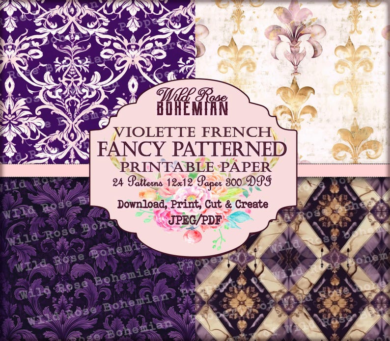 French Patterned Vintage Paper Purple Seamless 12x12 Paper, purple floral damask pattern paper, rococo patterns, baroque pattern scrapbook image 2