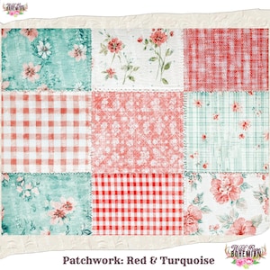 Pode incluir: Design de colcha de retalhos com um esquema de cores vermelho e turquesa. A colcha &eacute; composta por nove quadrados, cada um com um padr&atilde;o diferente. Os padr&otilde;es incluem estampas florais, xadrez vichy e cores s&oacute;lidas.