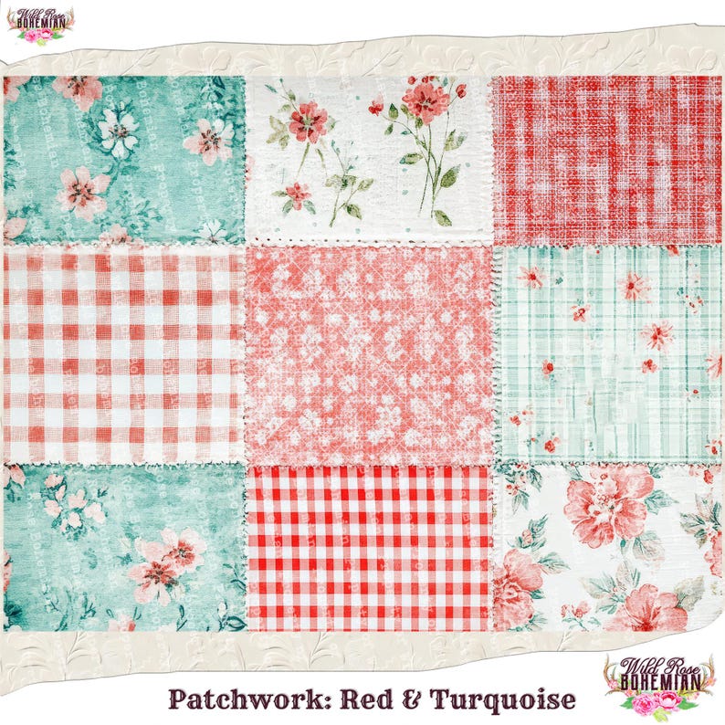 Pode incluir: Design de colcha de retalhos com um esquema de cores vermelho e turquesa. A colcha &eacute; composta por nove quadrados, cada um com um padr&atilde;o diferente. Os padr&otilde;es incluem estampas florais, xadrez vichy e cores s&oacute;lidas.