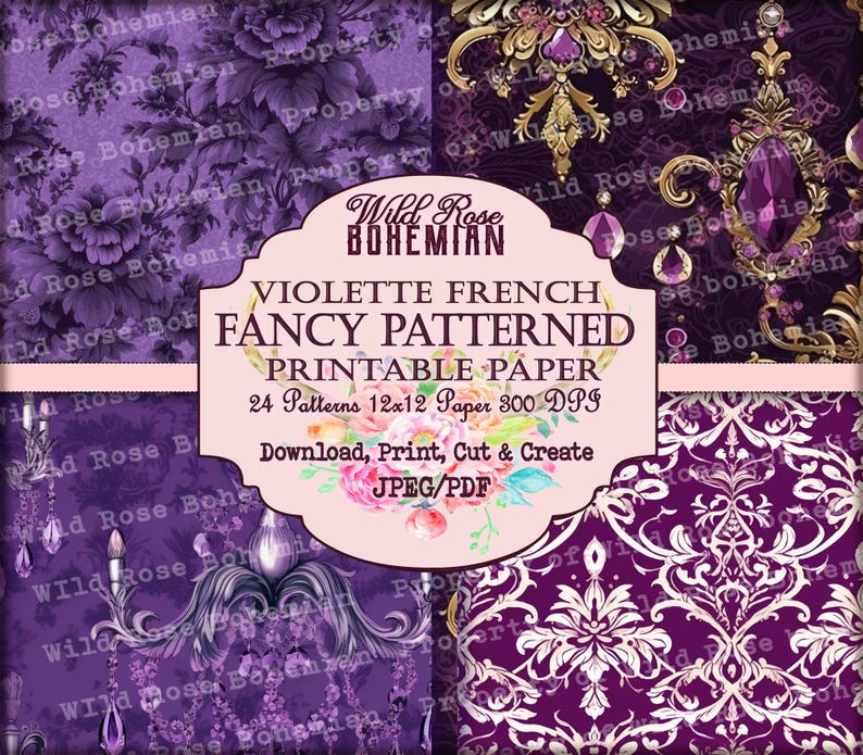 French Patterned Vintage Paper Purple Seamless 12x12 Paper, purple floral damask pattern paper, rococo patterns, baroque pattern scrapbook image 5