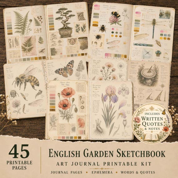 Artist Sketchbook Printable Art Kit, English Garden Botanical Art