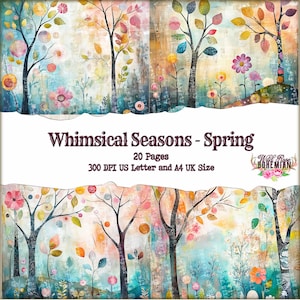 Mixed Media Whimsical Spring Seasons  Digital Printable, Watercolor Landscapes Paper, Spring Digital, Junk Journal  Paper Digital Printable,