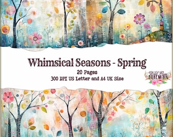 May include: Whimsical Seasons - Spring digital paper pack with 20 pages of colourful, abstract floral designs. The designs feature trees, flowers, and a watercolour-like background. The paper pack is 300 DPI and is sized for US Letter and A4 paper.
