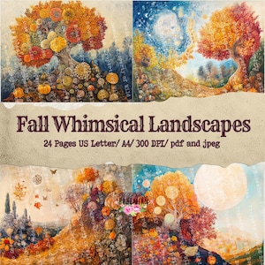 May include: A collection of four whimsical fall landscape art prints. The artwork features colorful trees, pumpkins, and mushrooms in a vibrant autumn palette. The text "Fall Whimsical Landscapes" is displayed, along with details about the file format and size.
