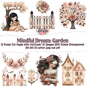 Whimsical Garden Clipart Transparent PNG, Mermaid Mixed Media file, Cottagecore clipart Scandinavian clipart in light rose and cream hue