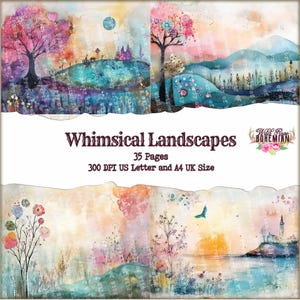 Mixed Media Whimsical Landscapes Digital Printable, Watercolor Landscapes Paper, Wild Rose Digital, Junk Journal  Paper Digital Printable,