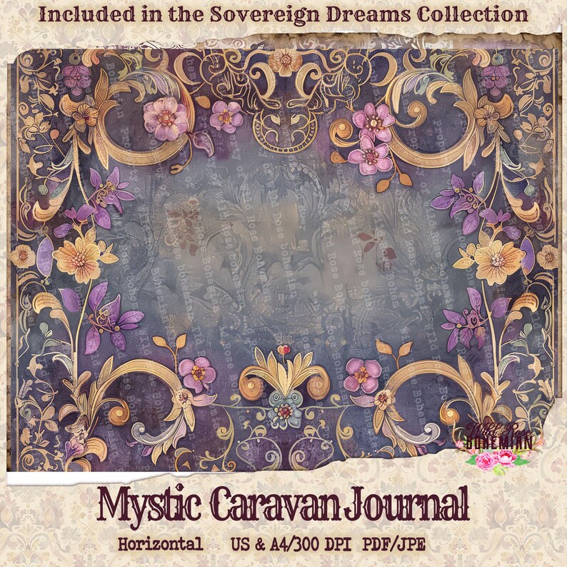 May include: A digital journal cover with a purple and gold floral design. The text "Mystic Caravan Journal" is at the bottom of the image. The text "Horizontal US & A4/300 DPI PDF/JPE" is below the title.