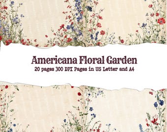 May include: A digital paper design titled "Americana Floral Garden" with a torn paper effect. The design features a cream-colored background with floral illustrations in red, blue, and white. The text indicates 20 pages, 300 DPI, in US Letter and A4 sizes.