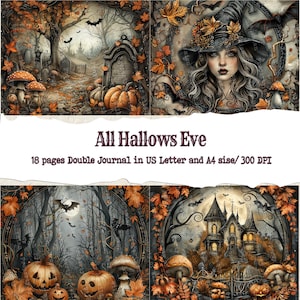 May include: A double journal with a Halloween theme. The cover art features a witch, pumpkins, bats, and a spooky graveyard scene. The text "All Hallows Eve" is displayed. The journal includes 18 pages and is available in US Letter and A4 sizes.