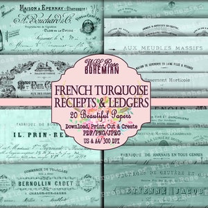 Turquoise French Invoices Digital Printable, Printable French Ephemera, French  Ephemera Digital, Junk Journal Paper Digital Printable,