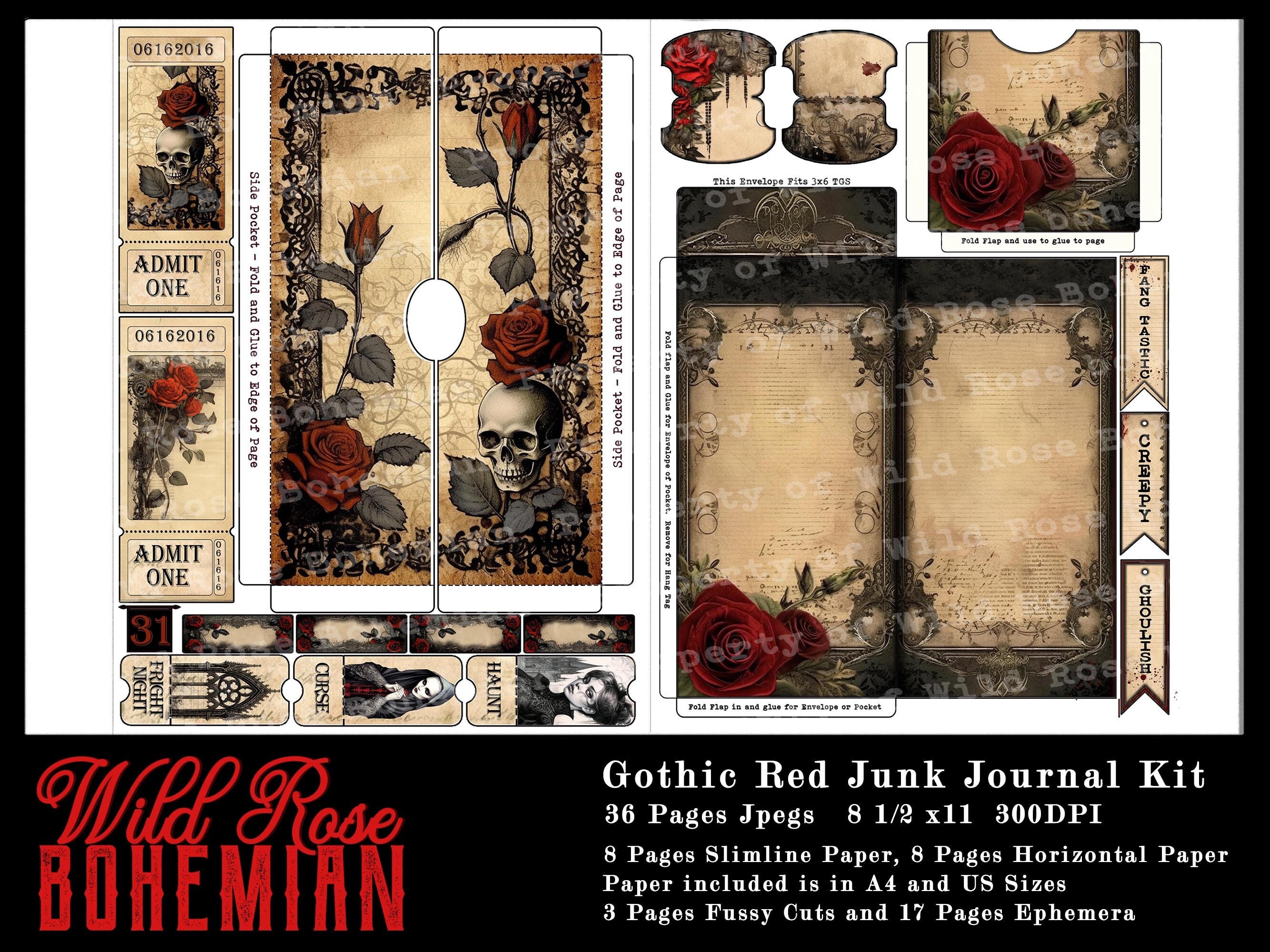 Halloween Gothic Junk Journal Kit, Red Rose Gothic Pages, Gothic Slimline Paper, Gothic Hang Tags, Gothic Fussy Cuts, Junk Journal Kit