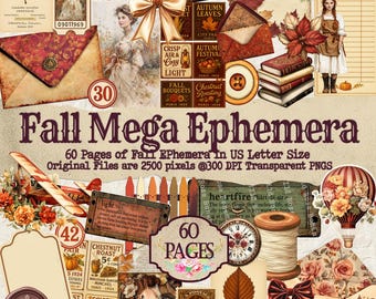 Fall vintage Ephemera Kit: Printable Autumn antique Junk Journal kit (Digital Download), scrapbooking ephemera kit, collage ephemera