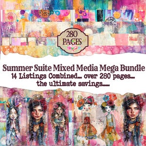 Mixed Media Mega Bundle, Summer Collage Art Papers and Art Girls, Huge Mega Bundle Painted JOurnal Pages, Junk JOurnal Fodder, Collage