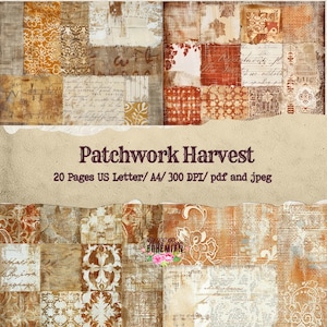 Peut inclure: Un pack de papiers numériques intitulé "Patchwork Harvest" présentant un collage de carrés texturés et à motifs dans des tons de marron, beige et rouille. Le design comprend des éléments floraux, manuscrits et géométriques. Le texte indique "Patchwork Harvest".