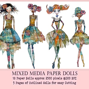 Collaged Art Paper Dolls, Mixed Media Girls Printable, Printable Sublimation Mixed Media, Printable Digital Doll Transparent PNGS image 5